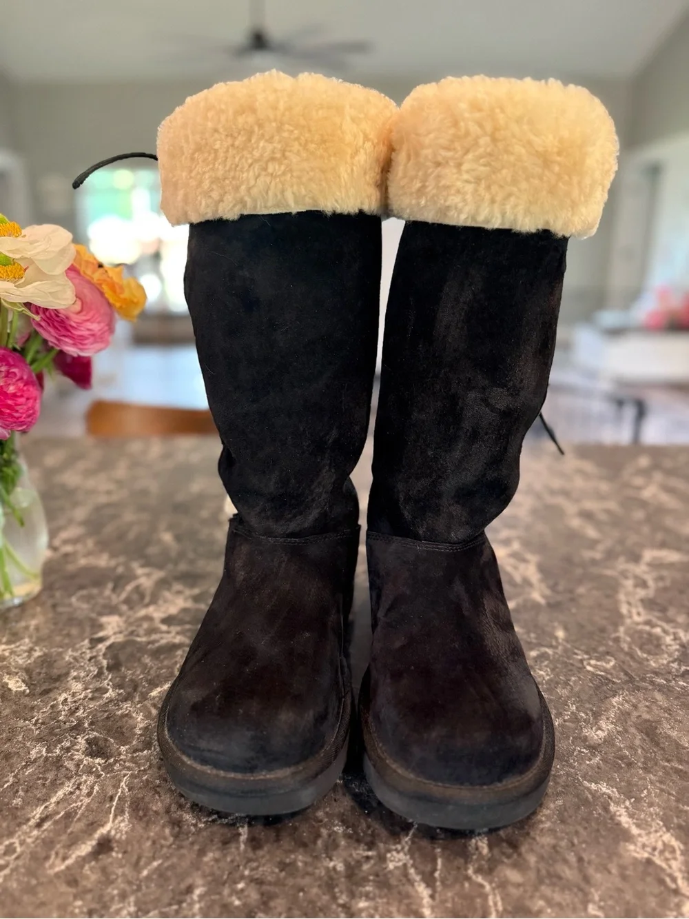 UGG Upside Sheepskin Fur Kneehigh Black Suede Lace-Up Shearling-Trim Boots 5163